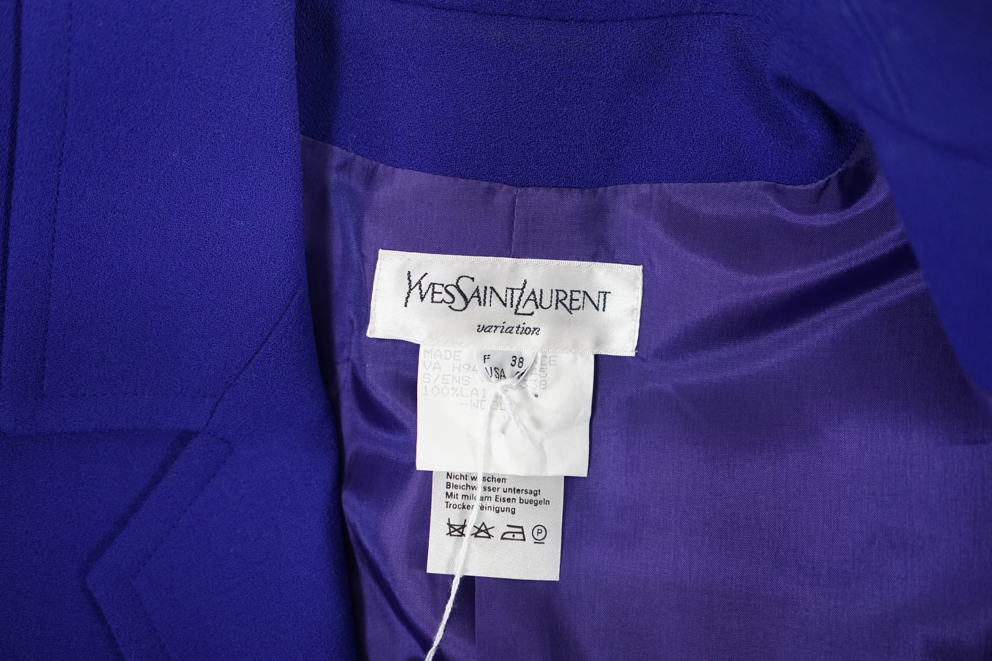 Three vintage Yves Saint Laurent variation lady's skirt suits, F 38 (UK 10). Please note alterations to make the waist smaller may have been carried out on some of the skirts. Proceeds to Happy Paws Puppy Rescue.